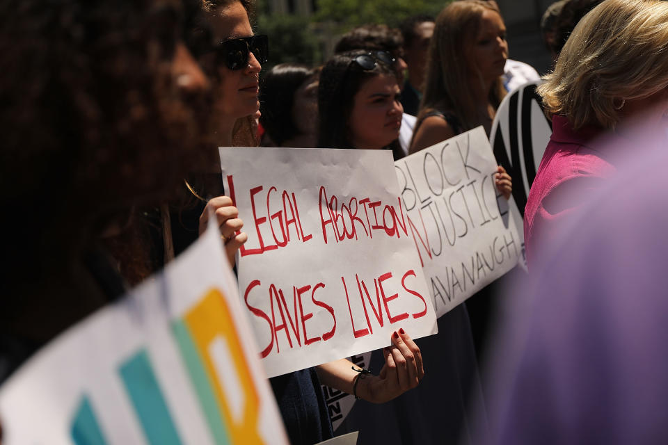 <p>Local politicians, activists and others participate in a protest to denounce President Donald Trump’s selection of Brett Kavanaugh as his nomination to the Supreme Court on July 10, 2018 in New York City. (Photo: Spencer Platt/Getty Images) </p>