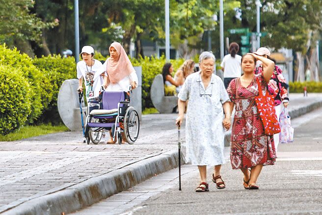 行動不便的長者在移工照護下在公園散步，雇主團體及身障團體認為應放寬看護工資格，引進大量移工，滿足所有長照需求。（鄧博仁攝）