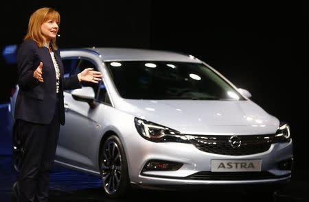 General Motors CEO Mary Barra presents the new Opel Astra during the media day at the Frankfurt Motor Show (IAA) in Frankfurt, Germany September 15, 2015. REUTERS/Kai Pfaffenbach