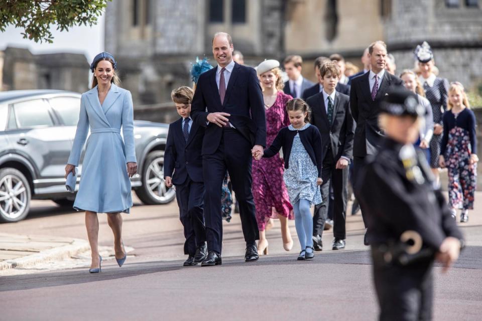 Prince William, Duke of Cambridge, Catherine, Duchess of Cambridge attend the Easter Matins Service at St George's Chapel at Windsor Castle on April 17, 2022 (Getty Images)