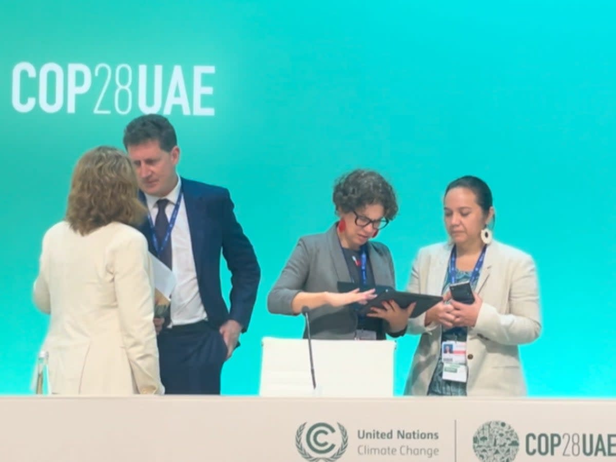 Tina Stege organizes a meeting with Maisa Rojas, Chile’s environment minister, as Eamon Ryan, Ireland’s environment minister, speaks to another member of the Beyond Oil and Gas Alliance at Cop28 (Louise Boyle/The Independent)