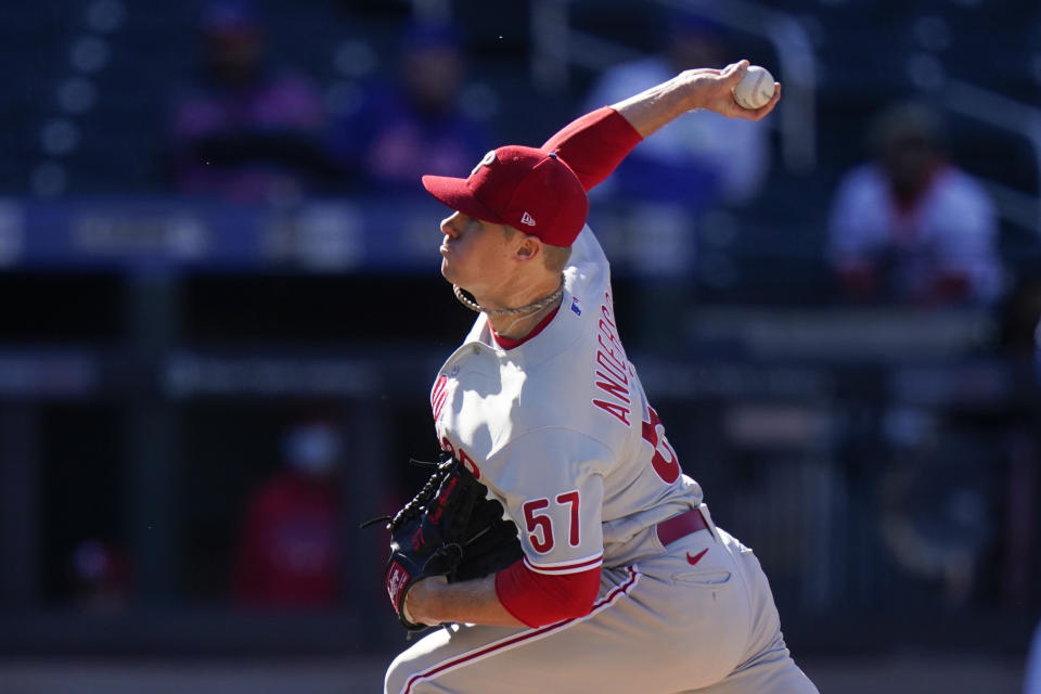 Philadelphia Phillies' Chase Anderson delivers a pitch during the first inning of a baseball game against the New York Mets in the first game of a doubleheader Tuesday, April 13, 2021, in New York. (AP Photo/Frank Franklin II)