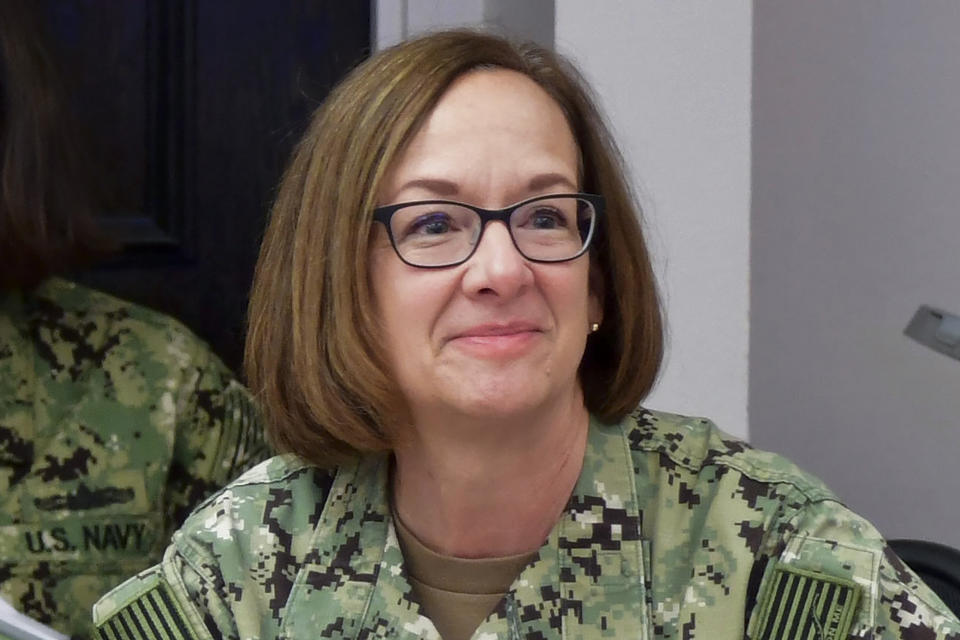 In this image provided by the U.S. Navy, Vice Chief of Naval Operations Adm. Lisa Franchetti meets with leadership at Portsmouth Naval Shipyard, Nov. 17, 2022 in Kittery, Maine. A senior administration official says President Joe Biden has chosen Franchetti to lead the Navy. If confirmed, she would be the first woman to be a U.S. military service chief. (Jim Cleveland/U.S. Navy via AP)