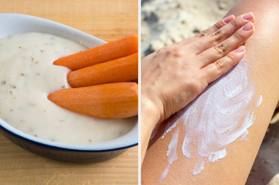 carrot in ranch dressing, next to a hand applying sunscreen to a leg