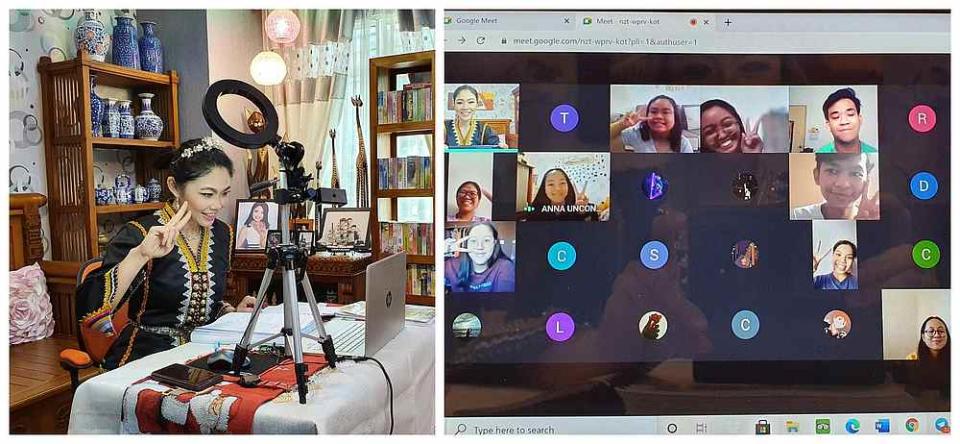 The 43-year-old teacher makes a peace sign while chatting to students on Google Meet. — Pictures from Facebook/Nancy Maria