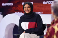 <p>Halima Aden takes the stage during BoF VOICES 2021 at Soho Farmhouse on Dec. 2 in Oxfordshire, England.</p>