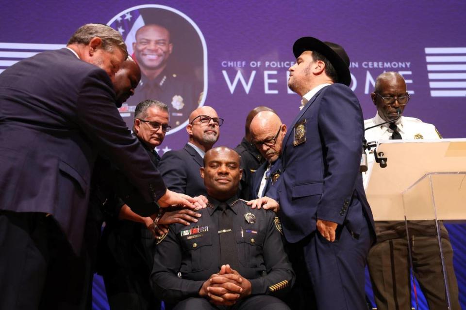 Wayne Jones, center, was sworn in as Miami Beach’s first ever Black police chief at the New World Center in Miami Beach, Florida, on Thursday, August 31, 2023.
