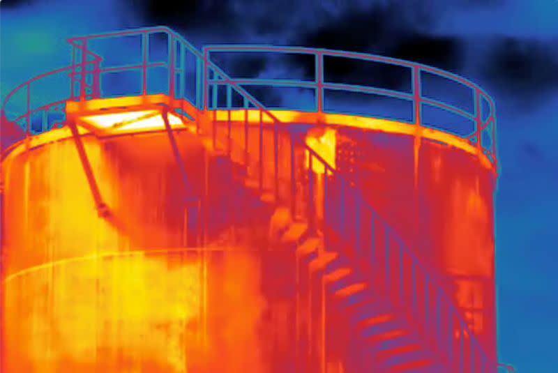 A handout screen grab from thermographic video footage shot with an infrared camera at the Eni gas plant near Pineto