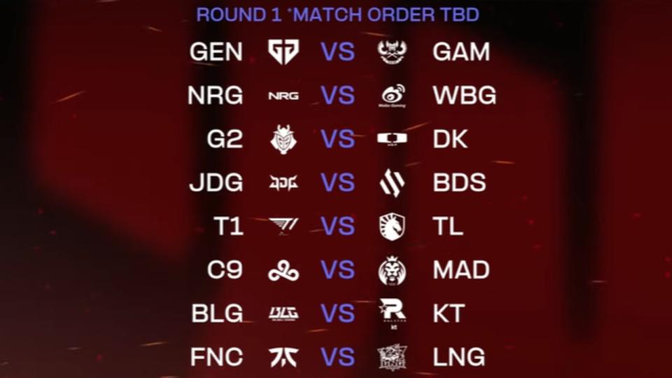 The Worlds 2023 Swiss Stage Round 1 Matchups. (Photo: Riot Games)