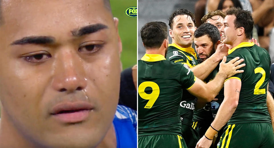 Pictured left, Samoa's rugby league star Connolly Lemuelu in tears.