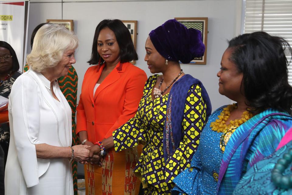 <p>Camilla greets guests at the British Council where she attends the Woman of the World Roundtable. </p>