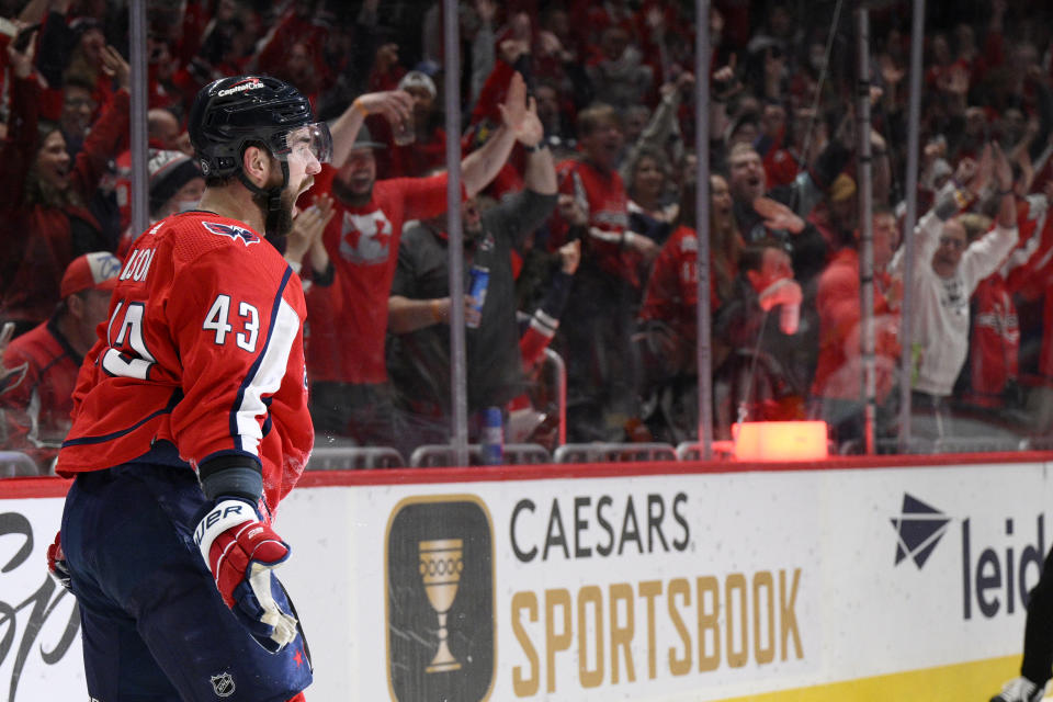 Washington Capitals right wing Tom Wilson (43) celebrates his goal during the first period of an NHL hockey game against the Seattle Kraken, Saturday, March 5, 2022, in Washington. (AP Photo/Nick Wass)