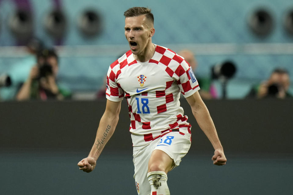 Croatia's Mislav Orsic celebrates after scoring his side's second goal during the World Cup third-place playoff soccer match between Croatia and Morocco at Khalifa International Stadium in Doha, Qatar, Saturday, Dec. 17, 2022. (AP Photo/Francisco Seco)