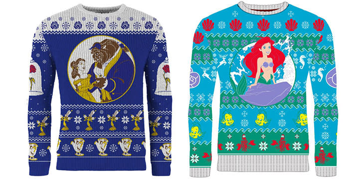 Deck the halls in style with these holiday sweaters inspired by your favorite Disney films. (Credit: Merchoid)