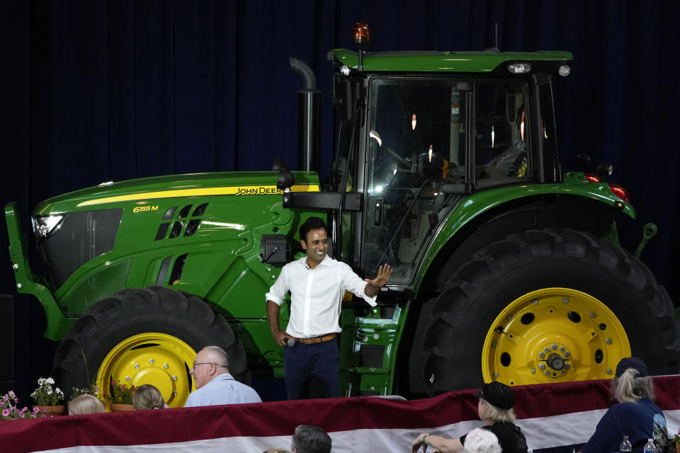 Businessman Vivek Ramaswamy, a Republican presidential candidate, reacts as he is introduced to speak during U.S. Sen. Joni Ernst's Roast and Ride, Saturday, June 3, 2023, in Des Moines, Iowa. (AP Photo/Charlie Neibergall)