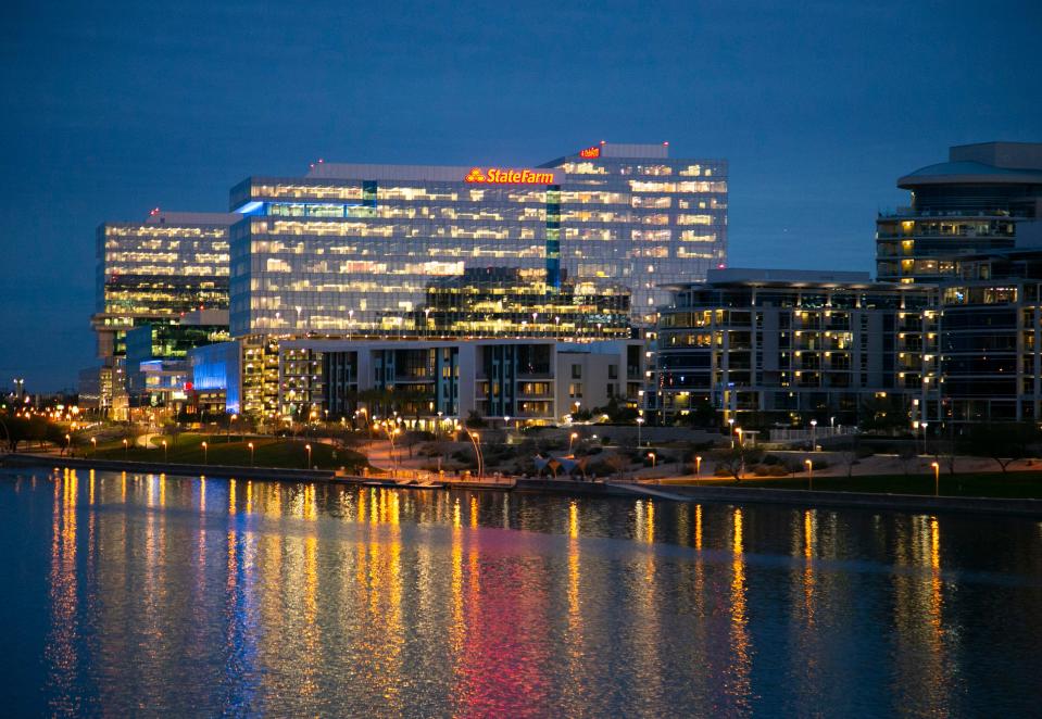 High-rise buildings along Tempe Town Lake include the State Farm building, as seen on Feb. 15, 2019.