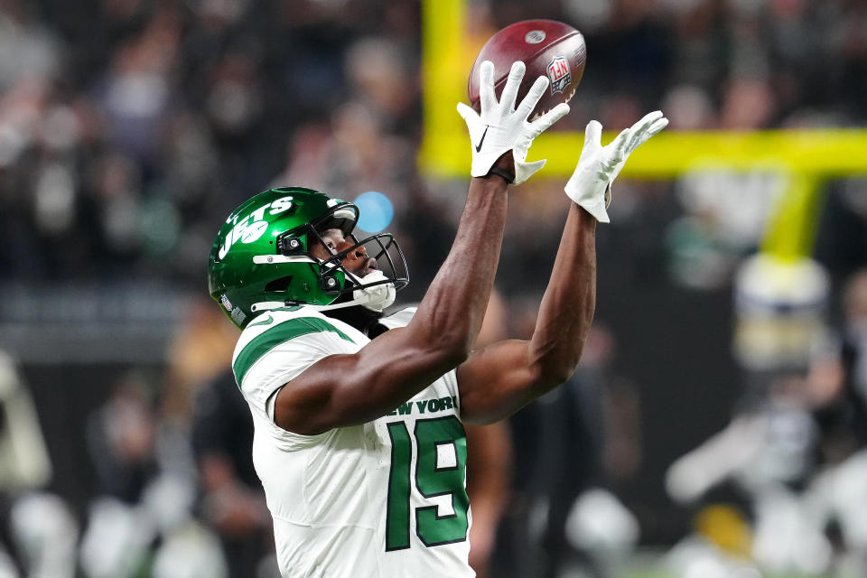 Nov 12, 2023; Paradise, Nevada, USA; New York Jets wide receiver Irvin Charles (19) warms up before the start of a game against the Las Vegas Raiders at Allegiant Stadium. Mandatory Credit: Stephen R. Sylvanie-USA TODAY Sports