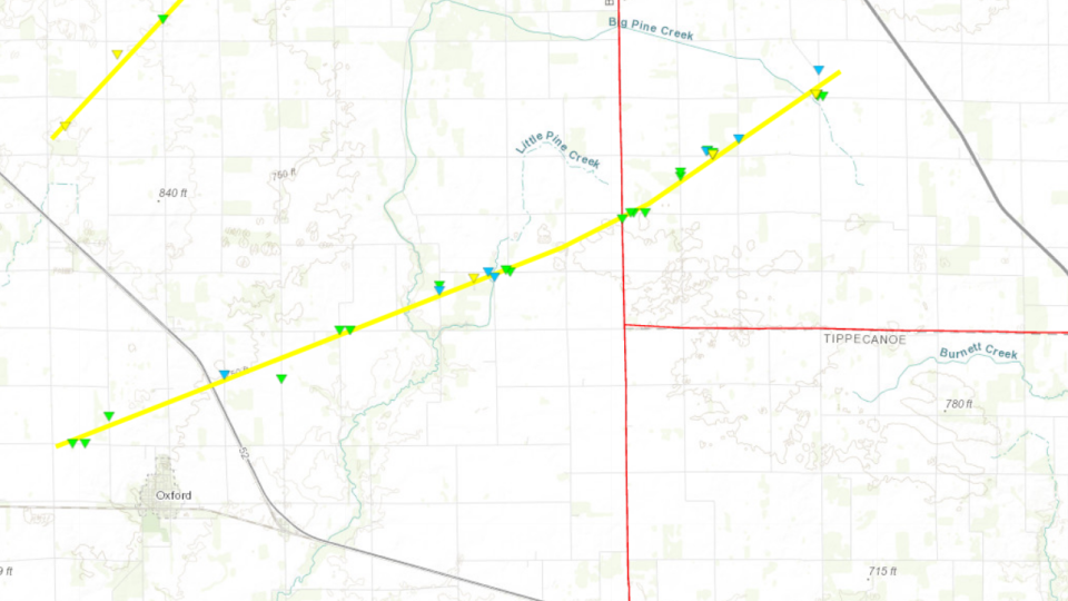 The path of a confirmed tornado during March 31, 2023 storms near Badger Grove.