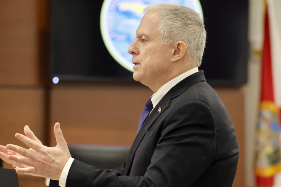 Assistant State Attorney Steven Klinger questions a witness during the trial of former Marjory Stoneman Douglas High School School Resource Officer Scot Peterson at the Broward County Courthouse in Fort Lauderdale on Tuesday, June 20, 2023. Broward County prosecutors charged Peterson, a former Broward Sheriff's Office deputy, with criminal charges for failing to enter the 1200 Building at the school and confront the shooter as he perpetuated the Valentine's Day 2018 Massacre that left 17 dead and 17 injured. (Amy Beth Bennett/South Florida Sun-Sentinel via AP, Pool)