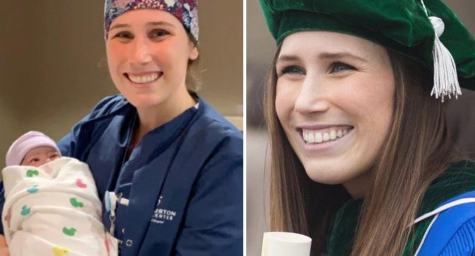 Adeline Fagan seen holding a baby (left) and graduating (right) before she worked treating coronavirus patients.