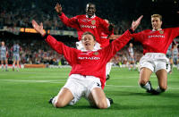 <p>Solskjaer celebrates his dramatic Champions League-winning goal.(Press Association) </p>