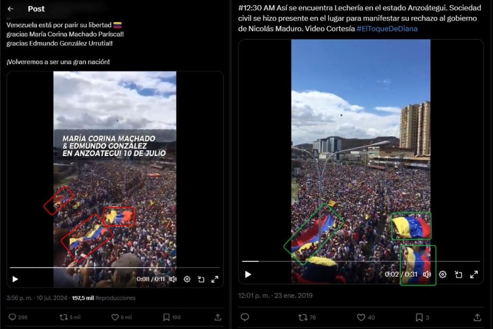 <span>Comparación entre capturas de pantalla de una publicación en X con el video viral (I) y una publicación en X con una secuencia de la manifestación contra Maduro, hecha el 12 de julio de 2024</span>
