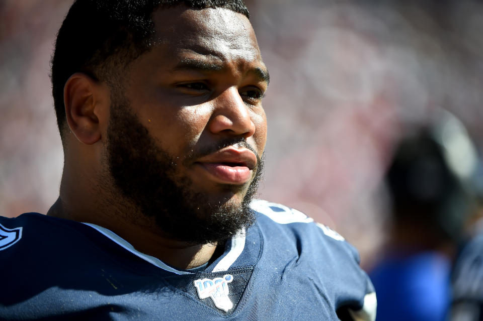 LANDOVER, MD - SEPTEMBER 15: Antwaun Woods #99 of the Dallas Cowboys looks on from the sideline during the second half against the Washington Redskins at FedExField on September 15, 2019 in Landover, Maryland. (Photo by Will Newton/Getty Images)