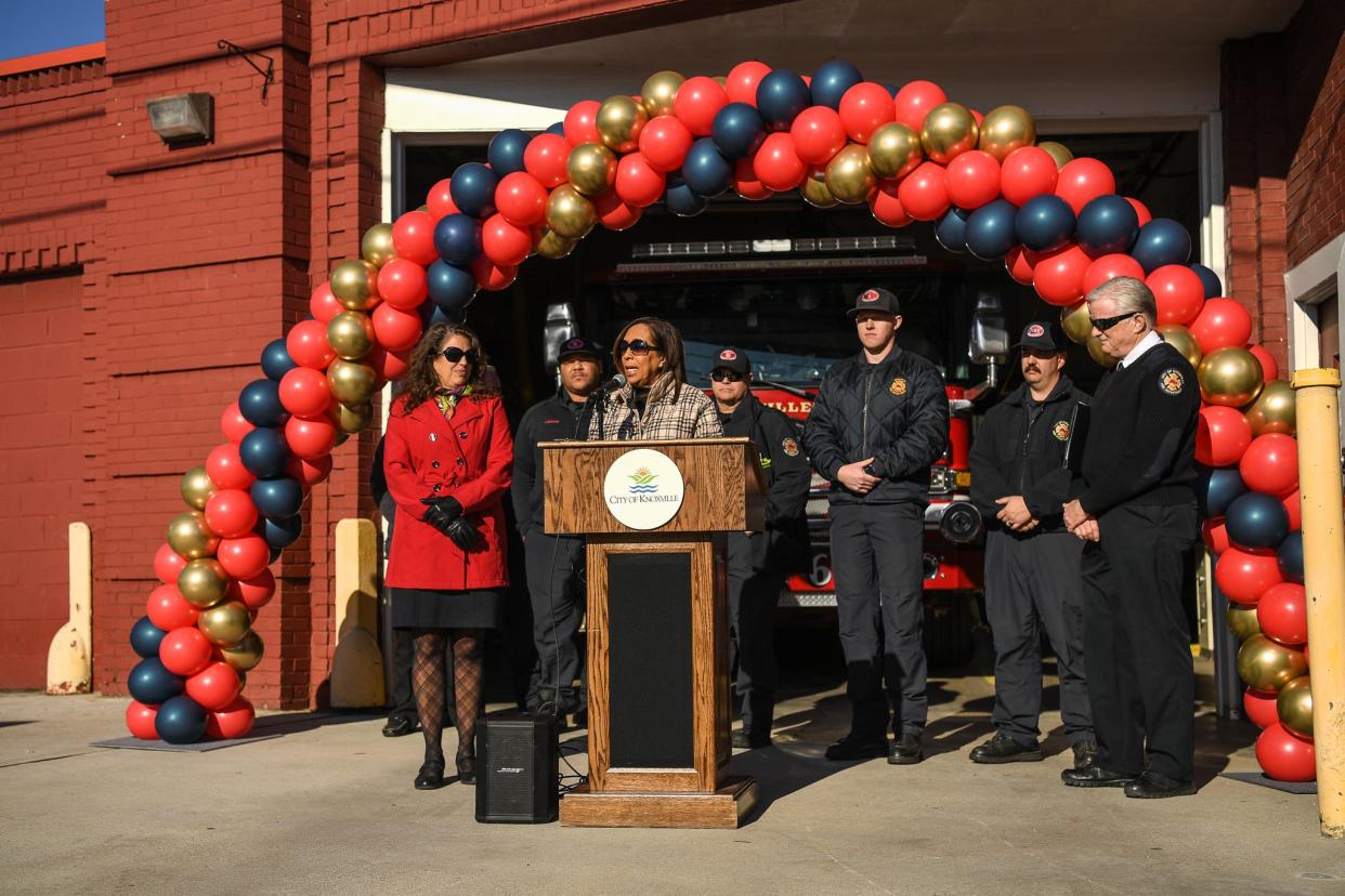 District 6 council member Gwen McKenzie stands alongside Mayor Indya Kincannon while announcing Dec. 8 a $1.15 million budget amendment to design and buy property for the first new fire station in Knoxville in nearly 30 years. In addition, new construction for Burlington's streetscapes will start in early 2024, in hopes of revitalizing the once-thriving Magnolia Avenue corridor.