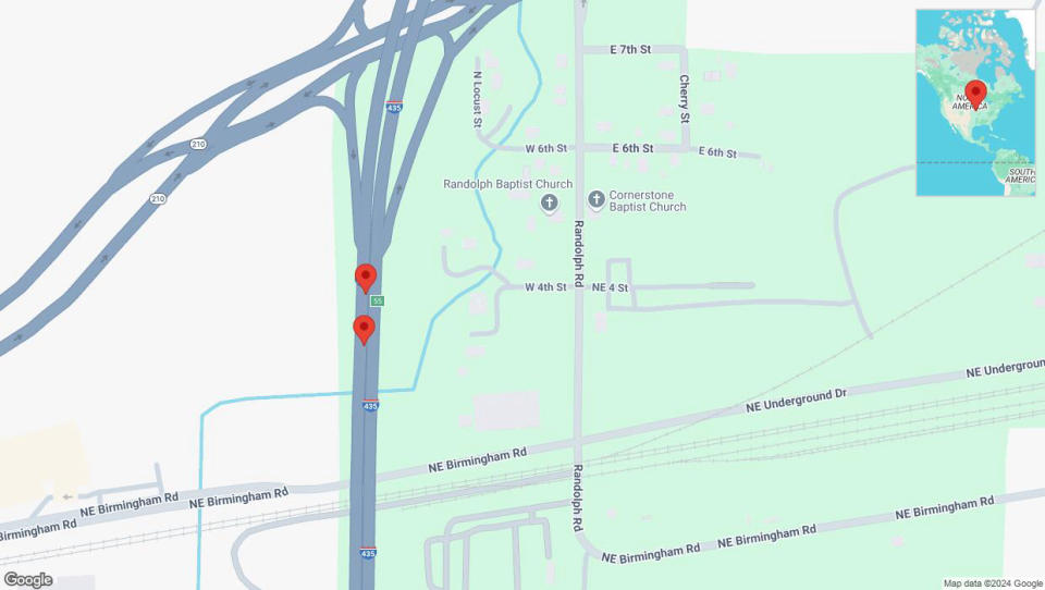 A detailed map that shows the affected road due to 'Broken down vehicle on southbound I-435 in Kansas City' on September 15th at 10:25 p.m.