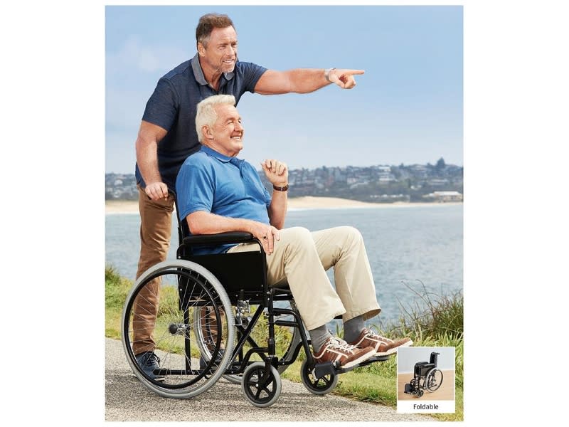 A foldable wheelchair on sale as a Special Buy at Aldi.