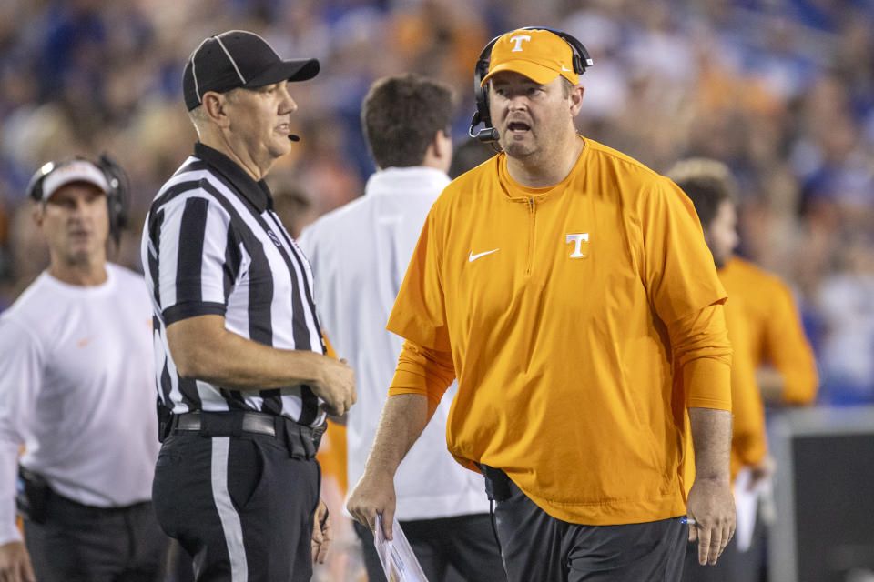 FILE - Tennessee head coach Josh Heupel protests to the referee during the first half of an NCAA college football game against Kentucky in Lexington, Ky., Saturday, Oct. 28, 2023. Tennessee has been in contact with NCAA investigators and a person with direct knowledge of the situation told The Associated Press on Tuesday, Jan. 30, 2024, the inquiry is into potential rules violations related to name, image and likeness compensation for multiple athletes. (AP Photo/Michelle Haas Hutchins)