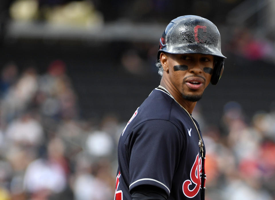 LAS VEGAS, NEVADA - FEBRUARY 29:  Francisco Lindor #12 of the Cleveland Indians stands on first base after getting a hit against the Oakland Athletics during their exhibition game at Las Vegas Ballpark on February 29, 2020 in Las Vegas, Nevada. The Athletics defeated the Indians 8-6.  (Photo by Ethan Miller/Getty Images)