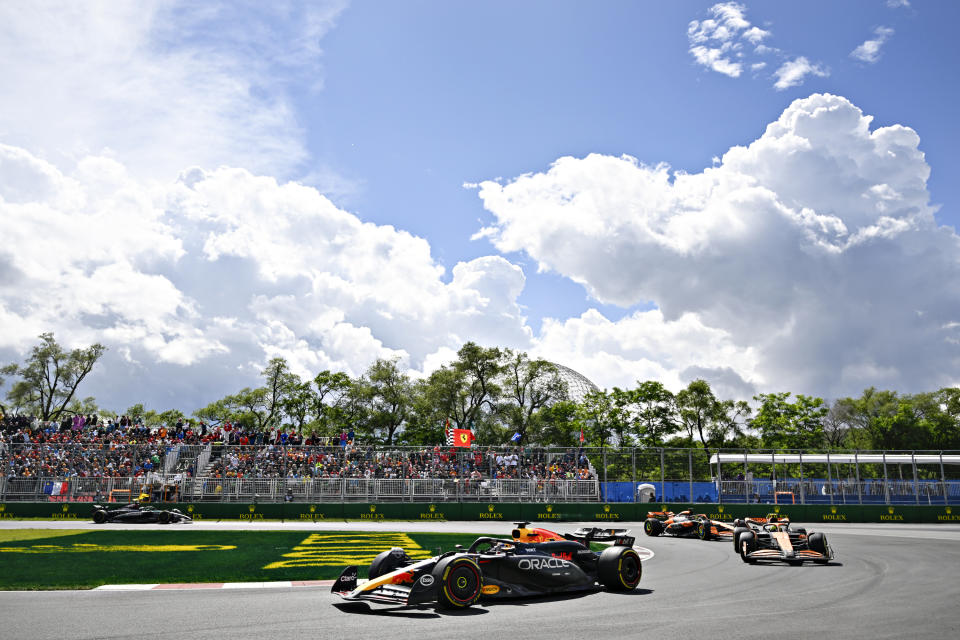 Red Bull Racing driver Max Verstappen, of the Netherlands, heads to victory at the Formula 1 Canadian Grand Prix auto race in Montreal, Sunday, June 9, 2024. (Jacques Boissinot/The Canadian Press via AP)