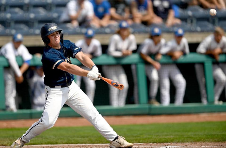 Bald Eagle Area’s Carson Nagle hits a double that scores a run in the first inning of the PIAA Class 2A championship game against Mount Union at Medlar Field on Saturday, June 17, 2023.