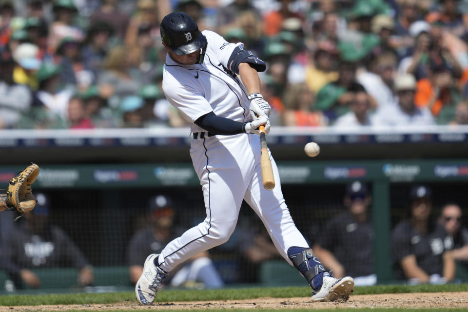 Detroit Tigers' Spencer Torkelson hits a one-run double against the Chicago White Sox in the seventh inning of a baseball game, Saturday, May 27, 2023, in Detroit. (AP Photo/Paul Sancya)