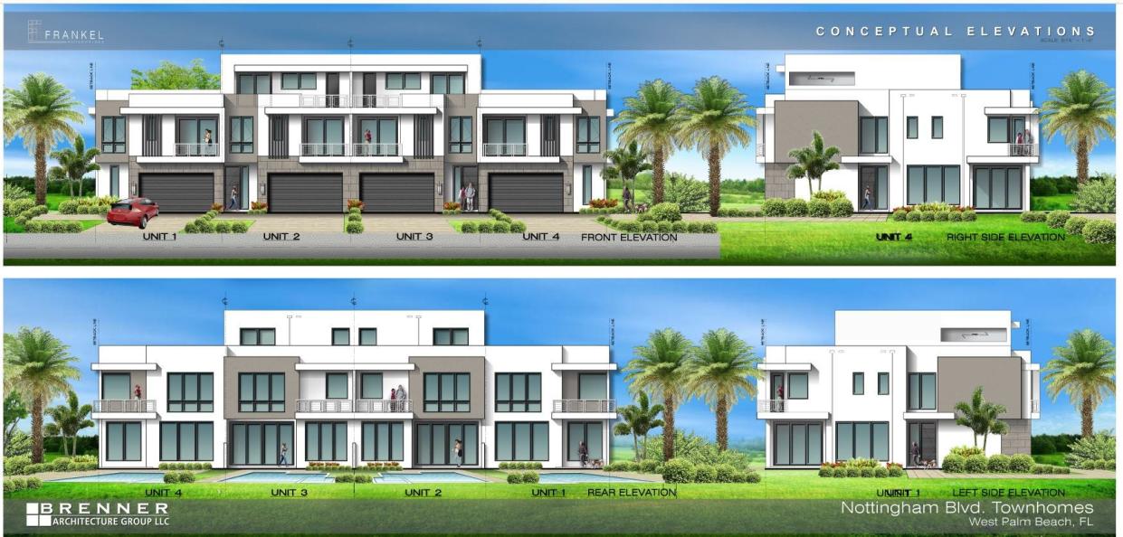 Conceptual design for proposed new townhomes on Nottingham Boulevard in West Palm Beach by NDT Development and Frankel Development Company.