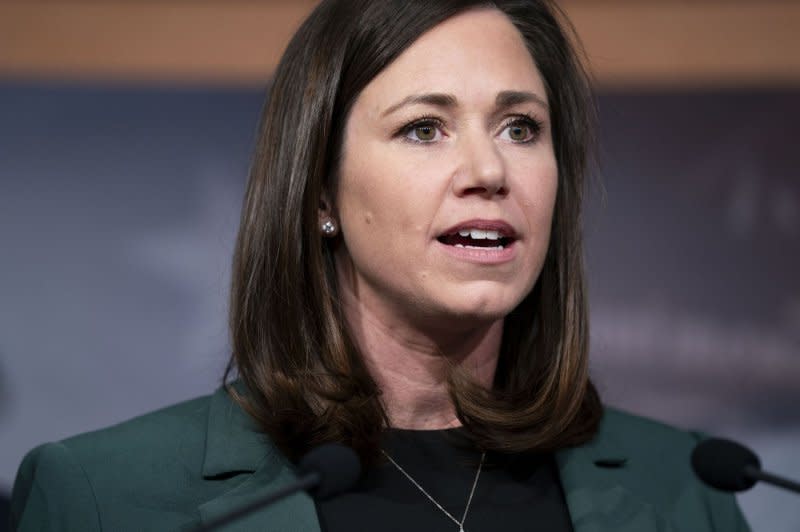 Sen. Katie Britt, R-AL, speaks during a press conference on border security at the U.S. Capitol in Washington, DC on Thursday, December 7, 2023. Yesterday, an emergency bill to provide aid for Ukraine and Israel was blocked as Senate Republicans pushed for tougher immigration control. Photo by Bonnie Cash/UPI