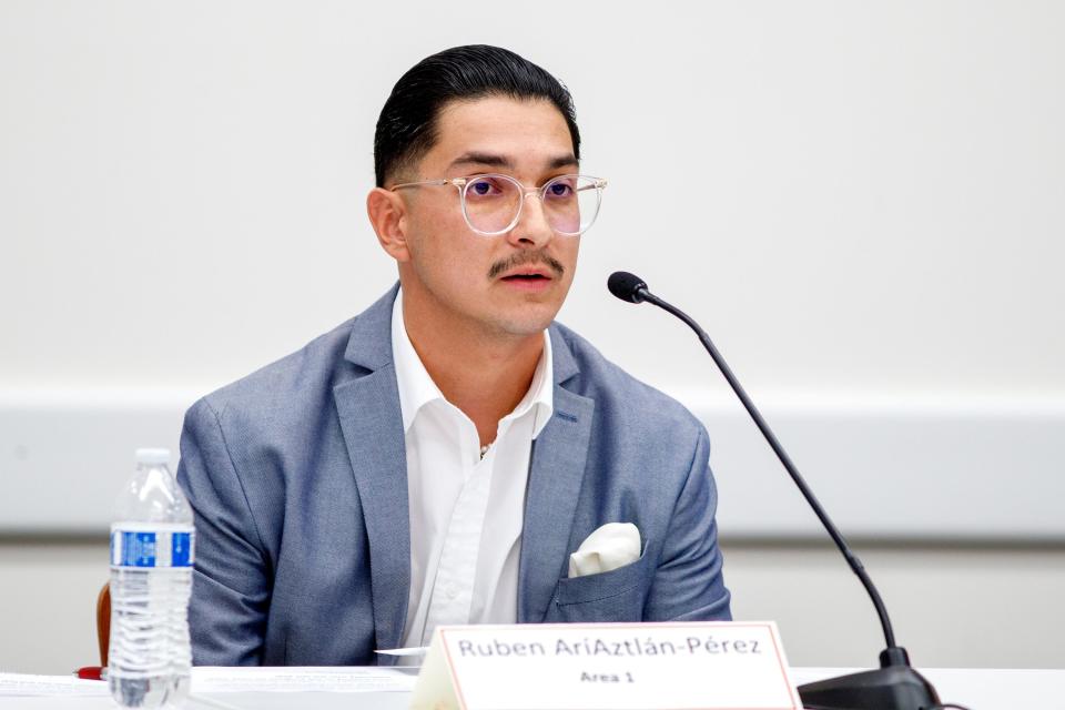 College of the Desert board trustee candidate Ruben AriAztlán-Pérez speaks during a forum hosted by the faculty at College of the Desert in Palm Desert, Calif., on Thursday, October 6, 2022.