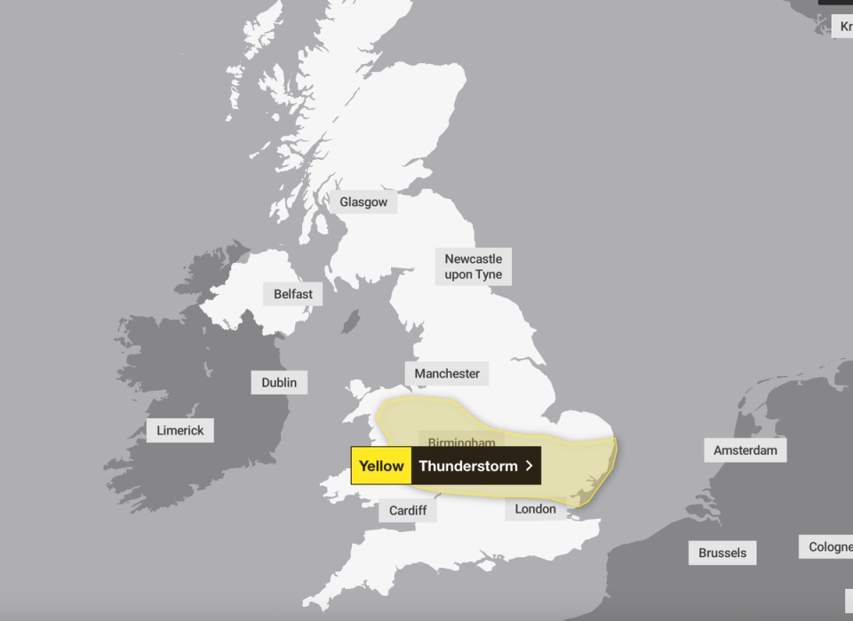 The Met Office issued a 12-hour thunderstorm warning across parts of England and Wales on Thursday (Met Office)