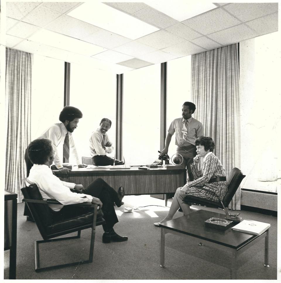 Roy (sitting, center) with associates of Roy L. Clay and Associates in his downtown Palo Alto office. A consulting company started in the early 1970s. Company consulted with the likes of Tom Perkins (Kleiner Perkins) in the early 1970s.
