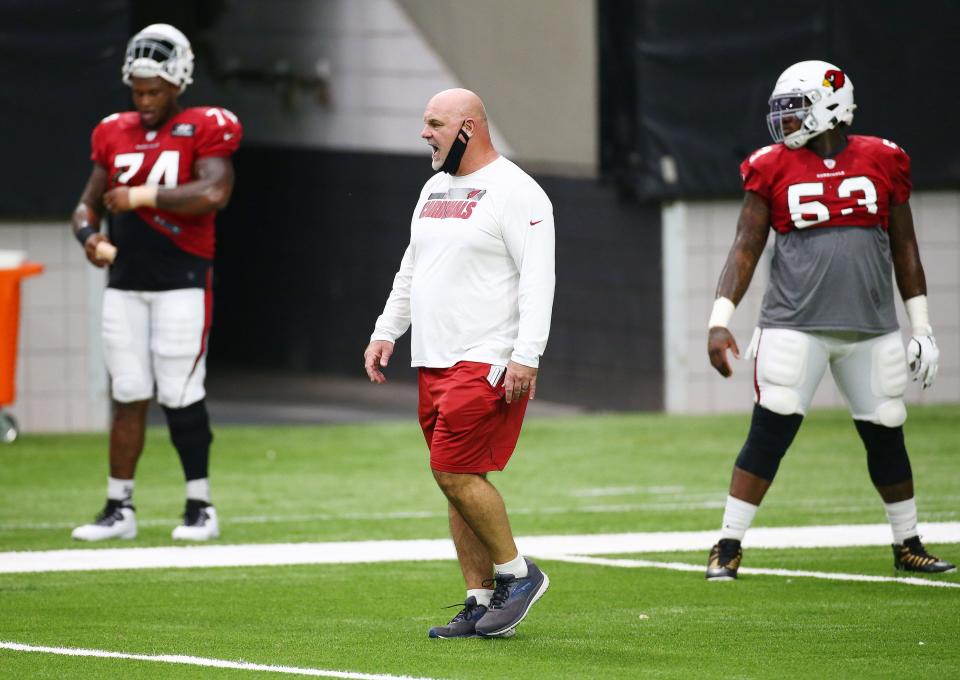 Sep 2, 2020; Glendale, AZ, USA; Arizona Cardinals offensive line coach Sean Kugler during training camp at State Farm Stadium.