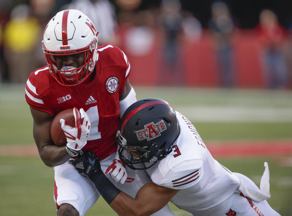 Wide receiver Tyjon Lindsey (1) was one of two Nebraska players hospitalized after winter workouts. (AP Photo/Nati Harnik)