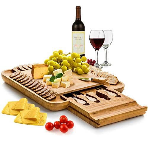 Bambusi Cheese Board and Knife Set - Premium Bamboo Wood Charcuterie Platter Serving Tray with Cutlery - Perfect for Housewarming, Wedding & Birthday Gift