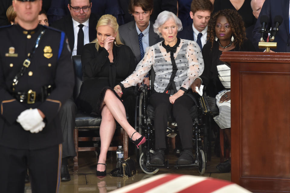 Roberta McCain, age 106, mother of the late senator, and granddaughter Meghan McCain attend the ceremony.