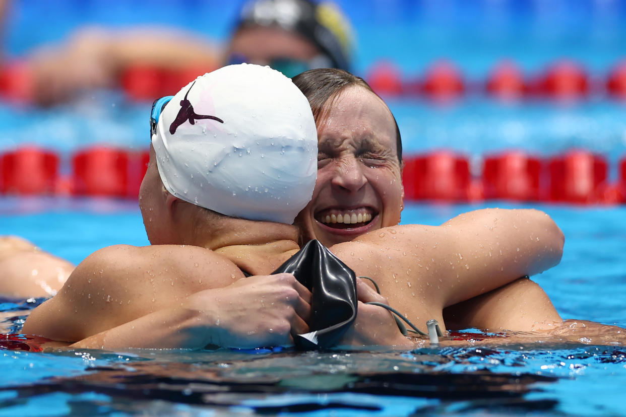 INDIANAPOLIS, INDIANA - JUNE 17: (R-L) Katie Ledecky embraces Erin Gemmell of the United States after the Women's 200m freestyle final on Day Three of the 2024 U.S. Olympic Team Swimming Trials at Lucas Oil Stadium on June 17, 2024 in Indianapolis, Indiana. (Photo by Maddie Meyer/Getty Images)