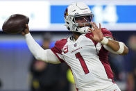 Arizona Cardinals quarterback Kyler Murray (1) passes against the Los Angeles Rams during the first half of an NFL wild-card playoff football game in Inglewood, Calif., Monday, Jan. 17, 2022. (AP Photo/Jae C. Hong)