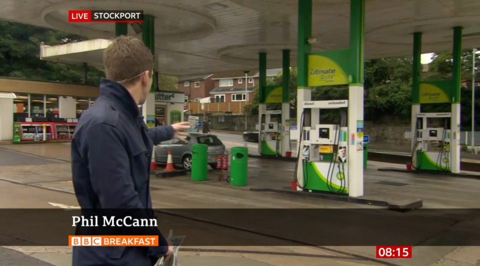 BBC reporter Phil McCann went viral on Saturday while reporting on the fuel crisis live from a petrol station (BBC Breakfast/iPlayer)