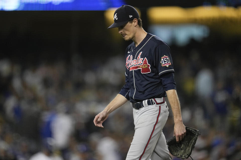 Atlanta Braves pitcher Max Fried walks to the dugout after being relieved in the fifth inning against the Los Angeles Dodgers in Game 5 of baseball's National League Championship Series Thursday, Oct. 21, 2021, in Los Angeles. (AP Photo/Ashley Landis)
