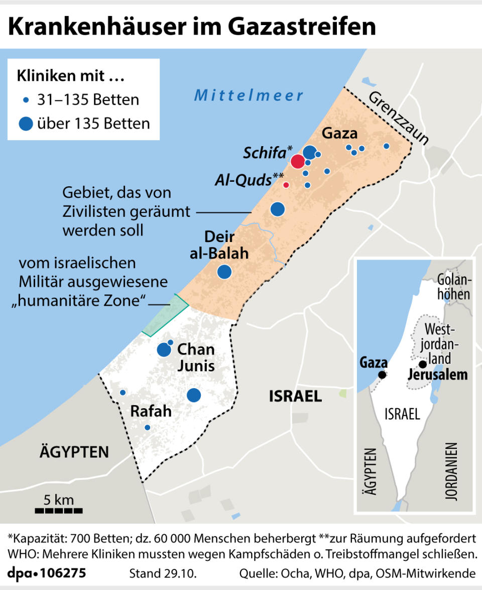 Krankenhäuser im Gazastreifen. (Redaktion: B. Schaller; Grafik: R. Mühlenbruch/F. Bökelmann)