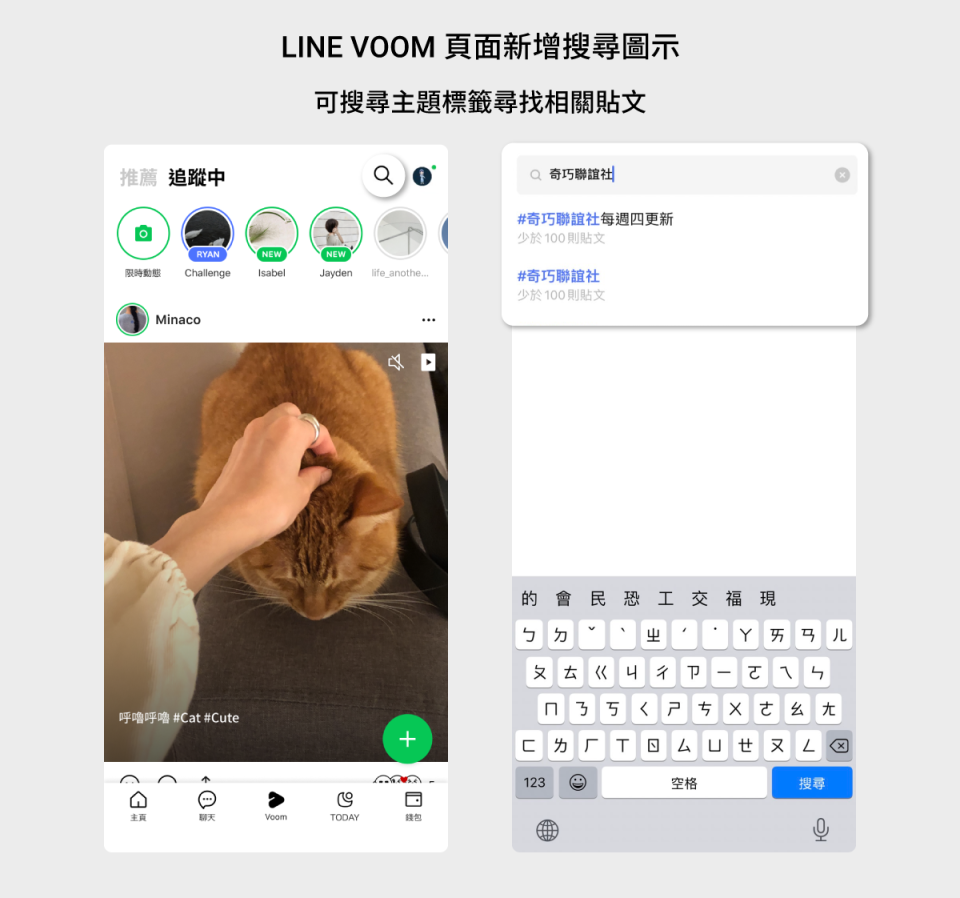 LINE推出LINE VOOM頁面新增搜尋圖示功能。（圖／翻攝自LINE官網）